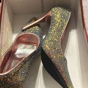 Hot Tomato Glitter Heels with Gold and Black Accents